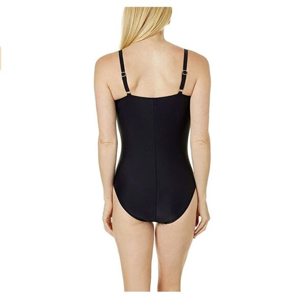 Maxine of Hollywood Women's size 8 Front Shirred One Piece Swimsuit Black Floral - Picture 2 of 12